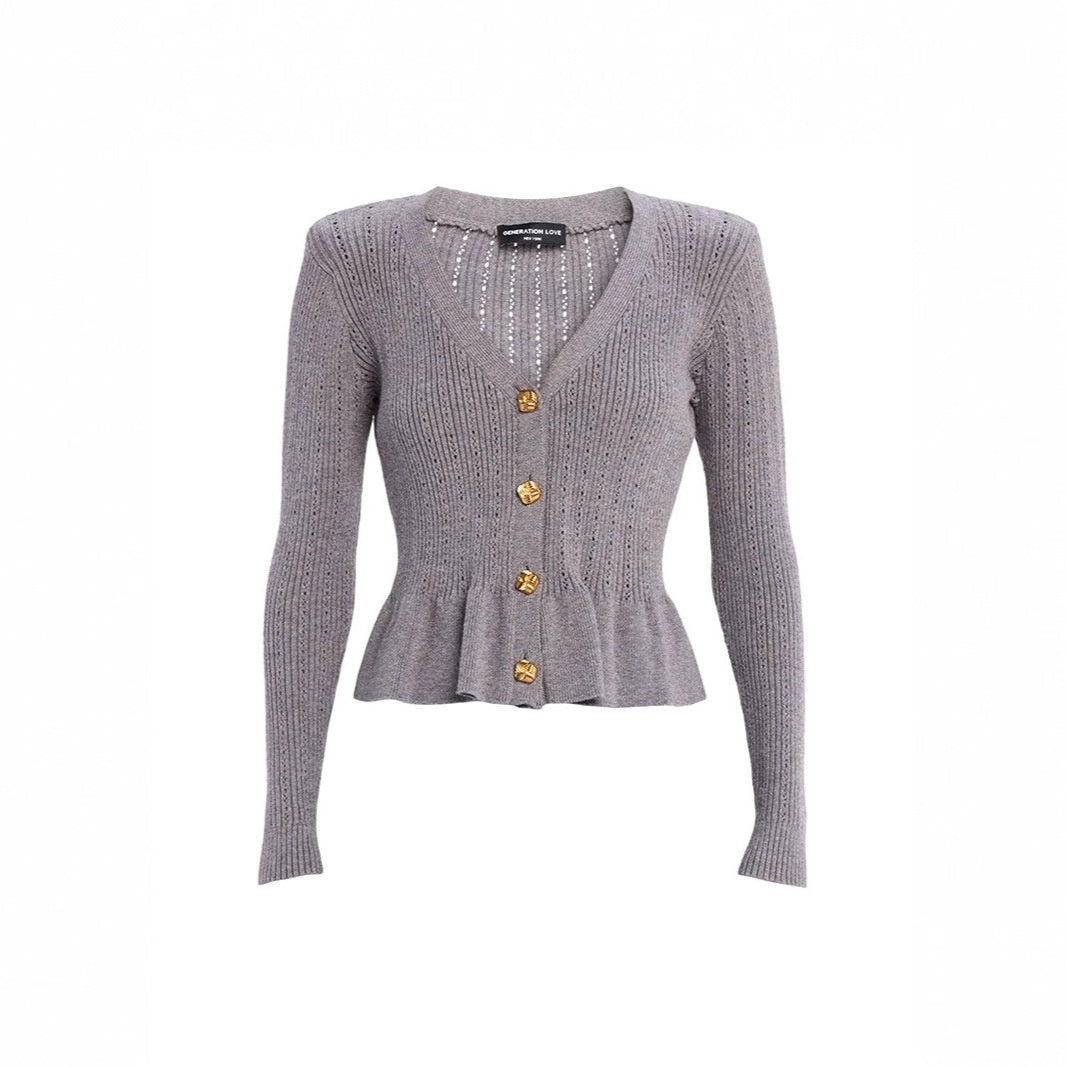 Button Ruffled Bell Sleeve Slim Fit Waist-controlled Slimming Top