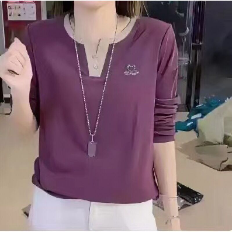 Women's Long-sleeved T-shirt V-neck Bottoming Shirt Hot Rhinestone Casual Top