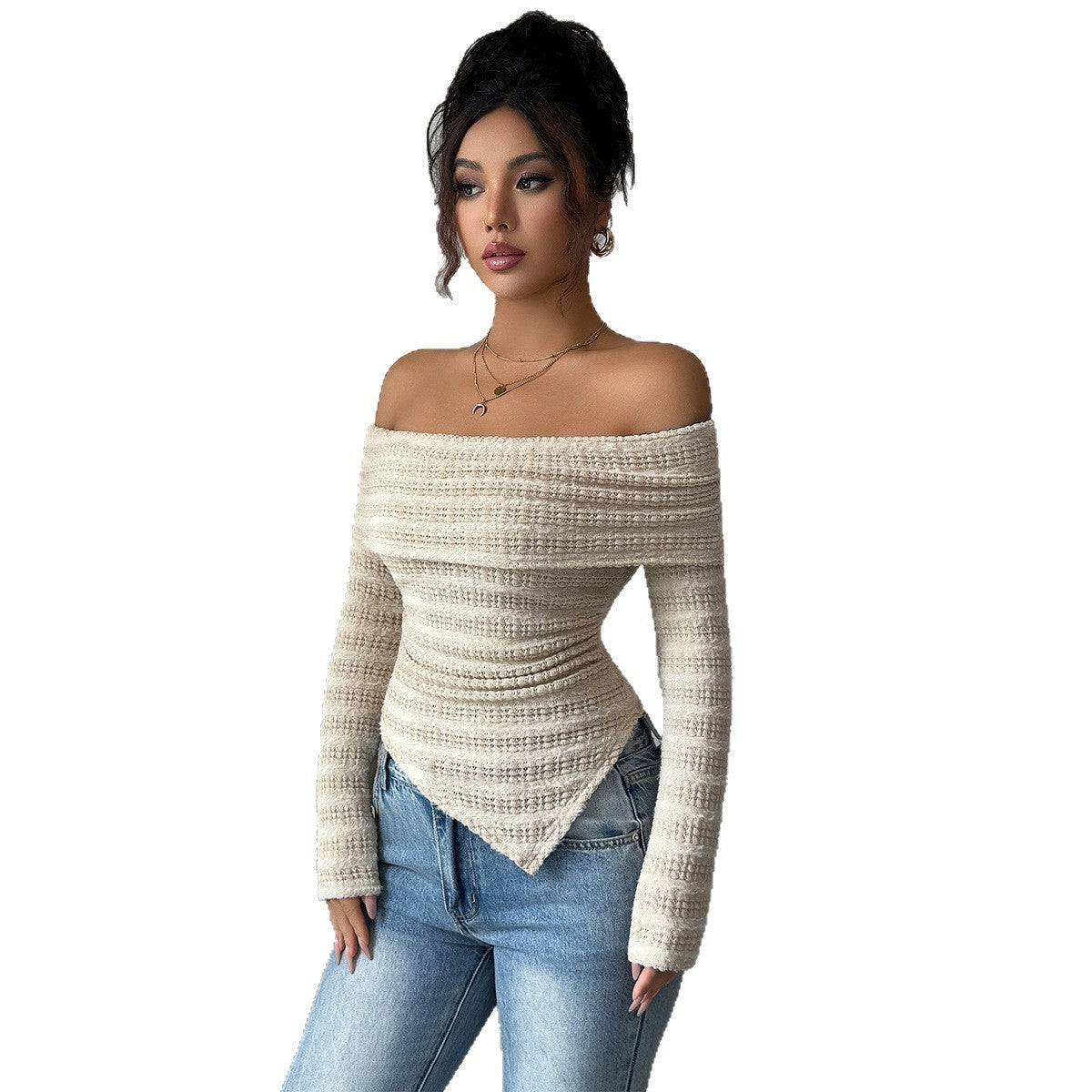 Women's Light Apricot-colored Long-sleeved Off-shoulder T-shirt
