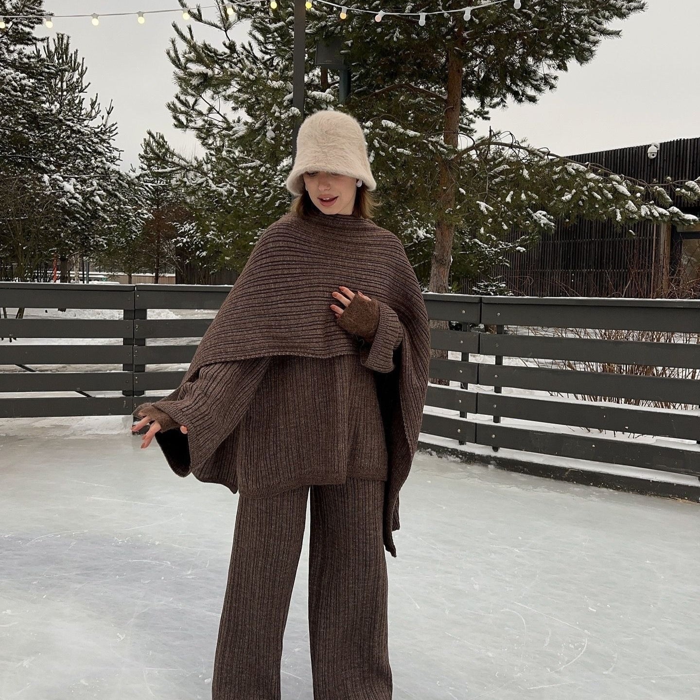 Crew Neck Pullover Sweater Skirt With Scarf Three-piece Set