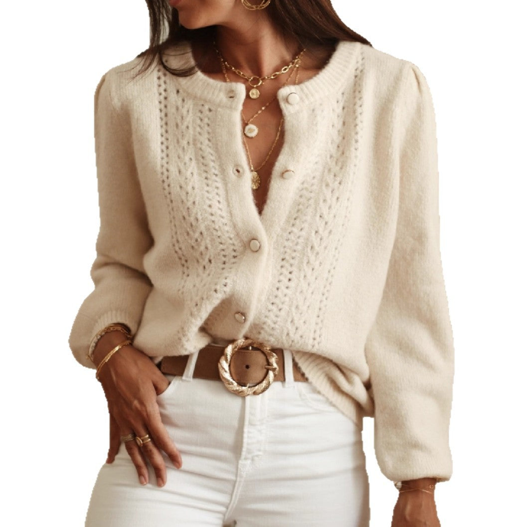 Crocheted Hollow-out Long Sleeve Single-breasted Sweater Coat