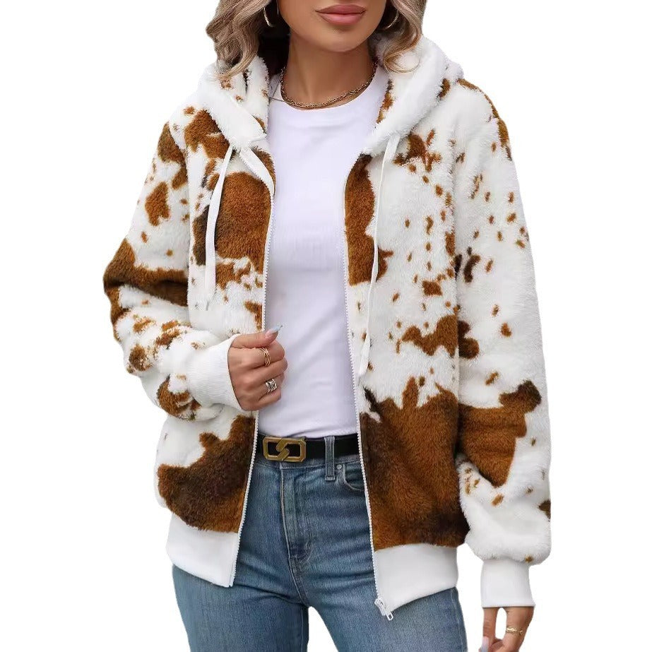Hooded Zipper Plush Printed Cardigan Jacket