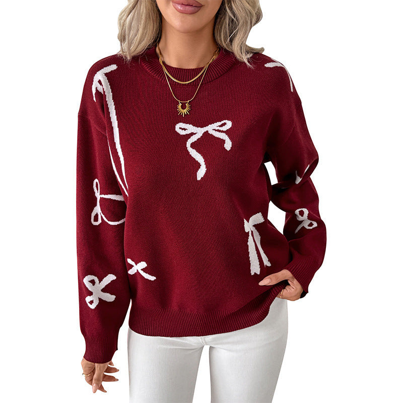 Sweet Style Round Neck Bowknot Brocade Sweater Women