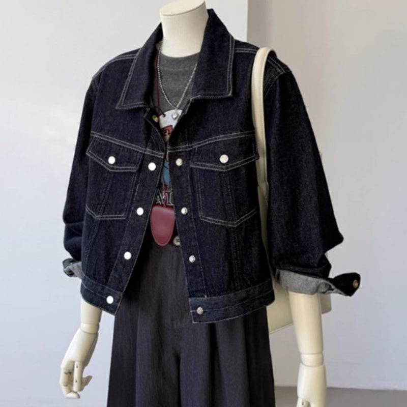 Korean Style Pocket Lapels Retro Dark Blue Short Denim Coat