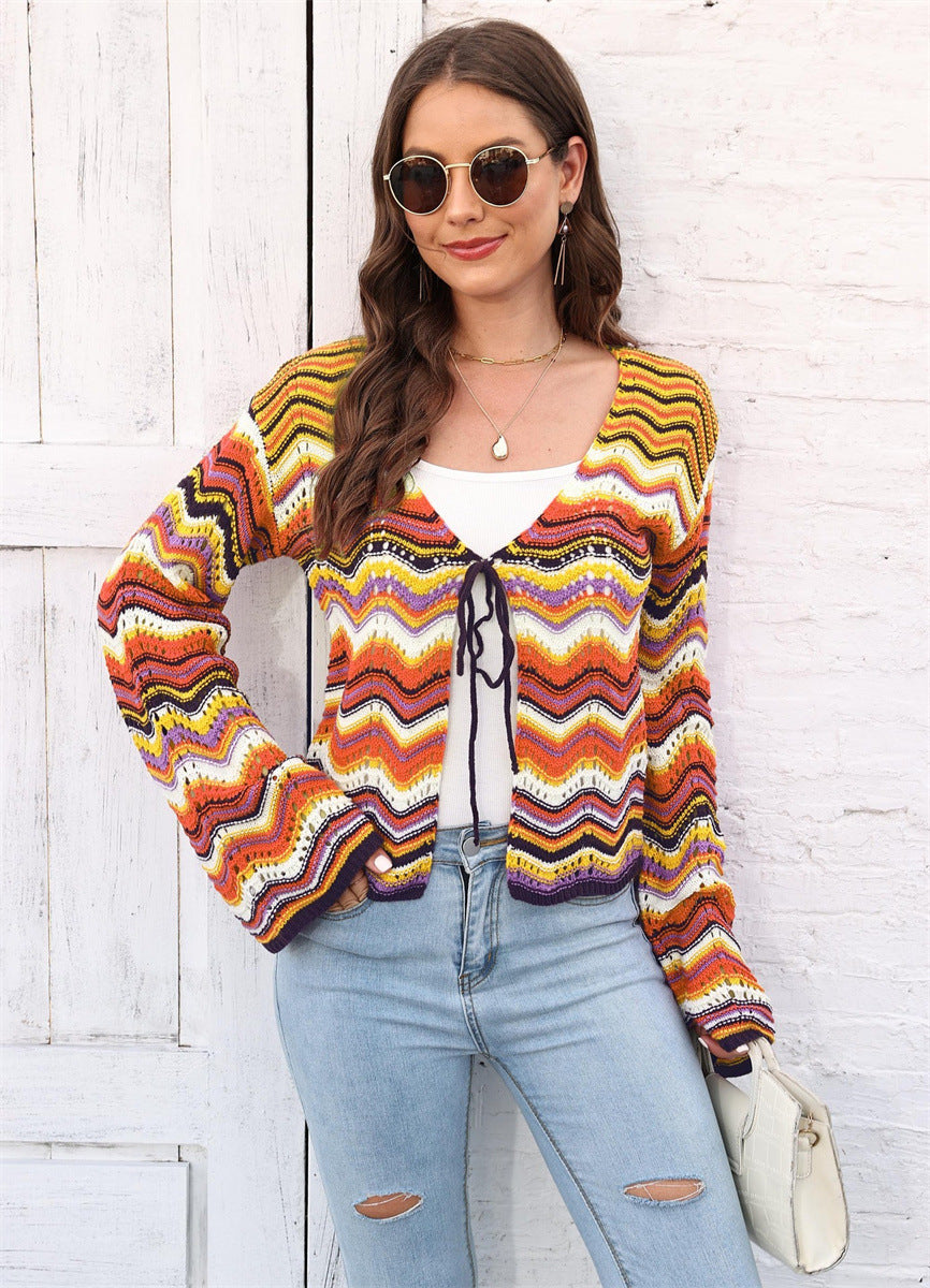 Knitted Shirt Rainbow Color Wave Pattern Christmas Sweater