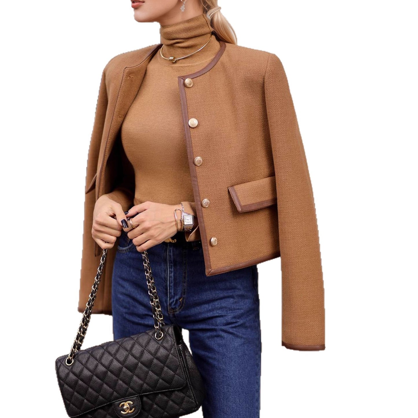 Fashion Round Neck Metal Button Design Short Coat