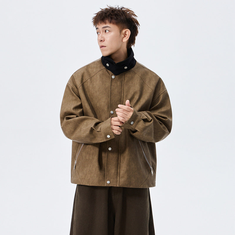 Large Size Men's PU Leather Coat Polo Collar Jacket