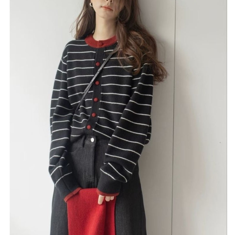 Women's Striped Idle Style Soft Glutinous Striped Sweaters Cardigan