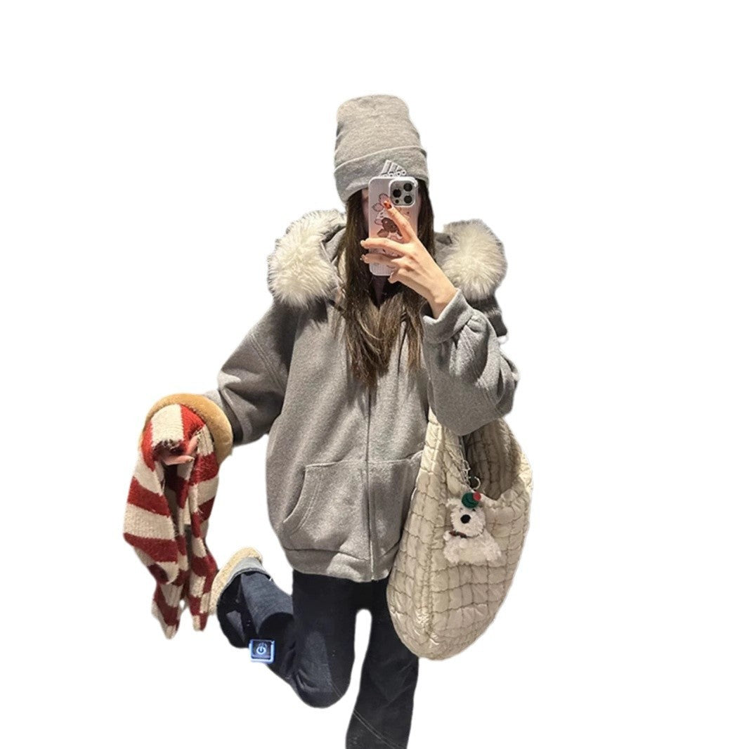 American Retro Fur Collar Hooded Cardigan Sweater Women