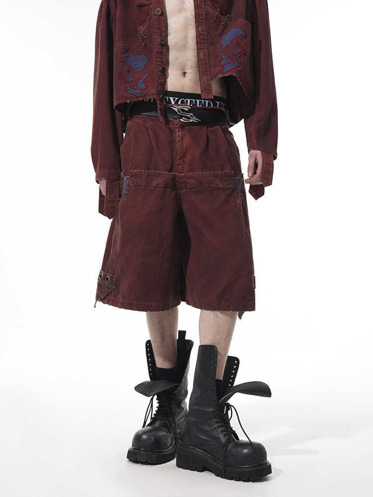 Double Waist Loose Cropped Pants Men's Washed Stitching Middle Pants