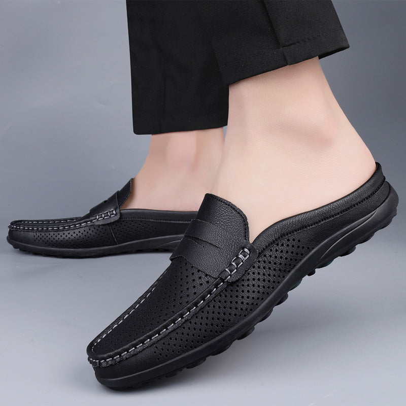 Casual Hollow Leather Shoes Breathable Half Slippers