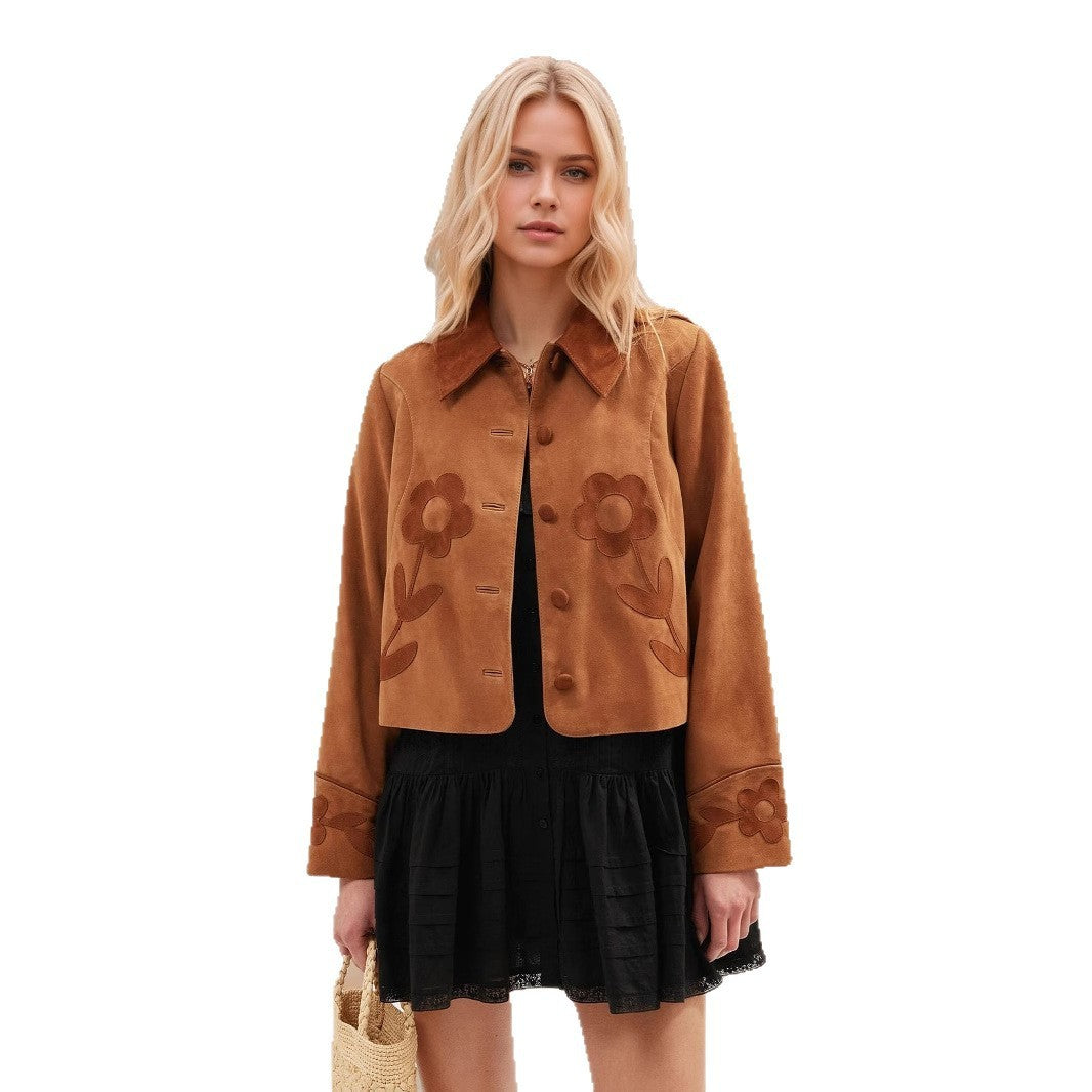 Elegant Vintage Suede Flower Short Coat