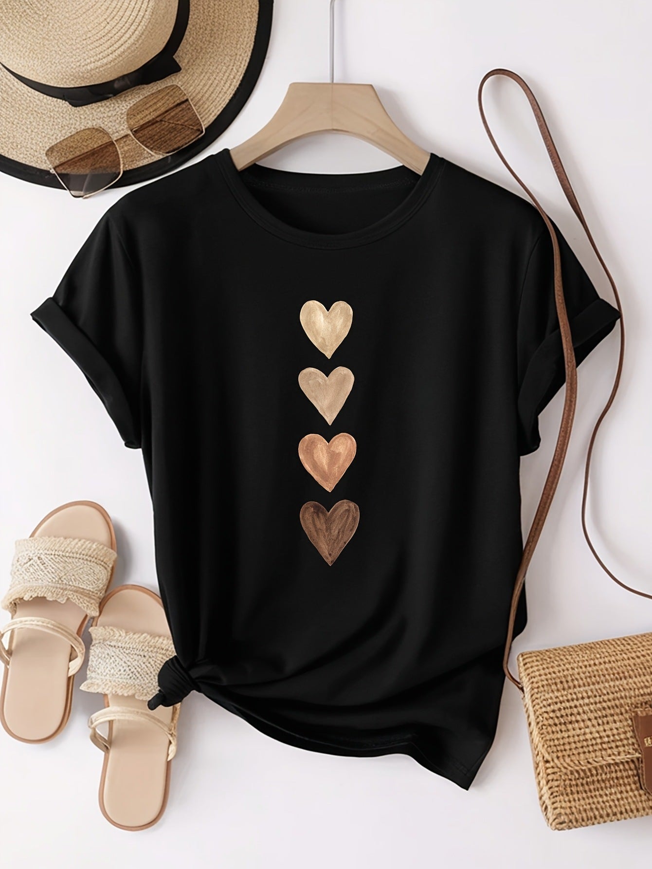 Gold Round Collar In Black Printed Pattern Short Sleeve