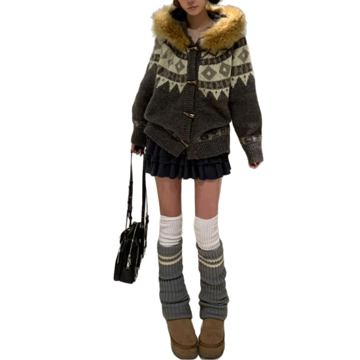 Jacquard Detachable Fur Collar Sweater For Women