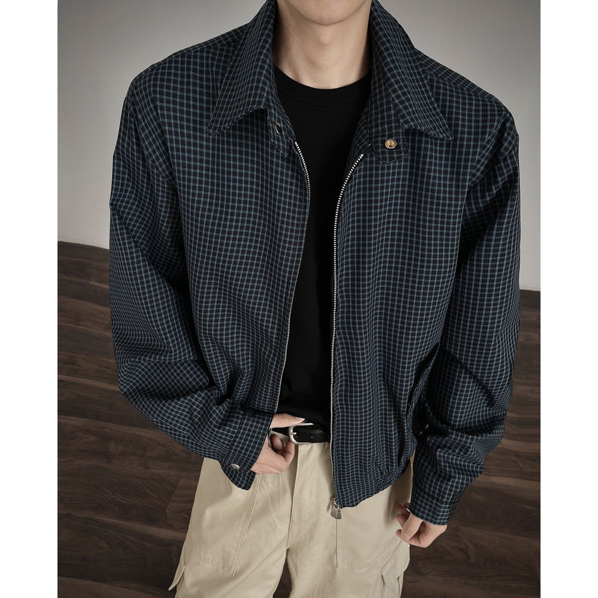 Korean Style Simple Retro Plaid Short Jacket With Double Zipper