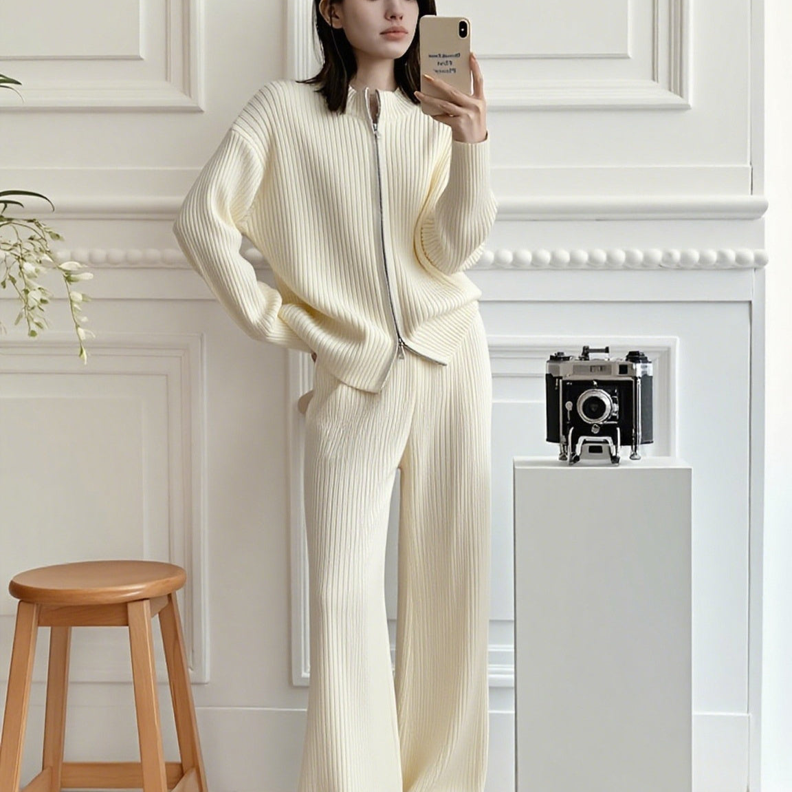 Small Stand Collar Vertical Sunken Stripe Zipper Knitted Cardigan Coat Trousers Two-piece Set