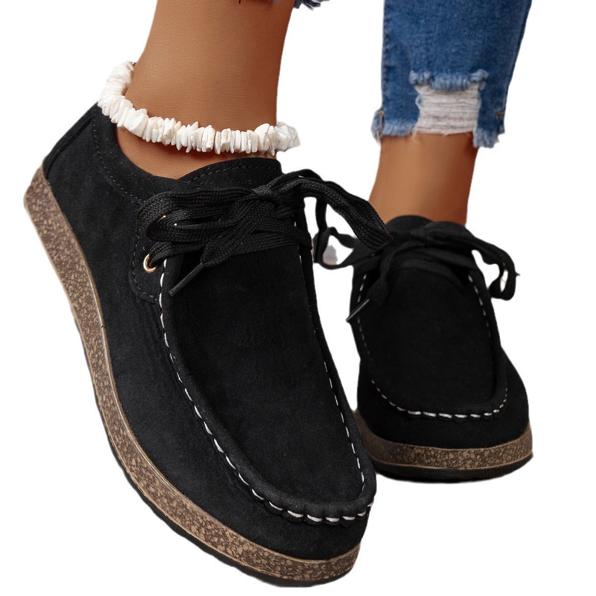 Solid Color Front Lace-up Round Toe Women's Leisure Thin Shoes