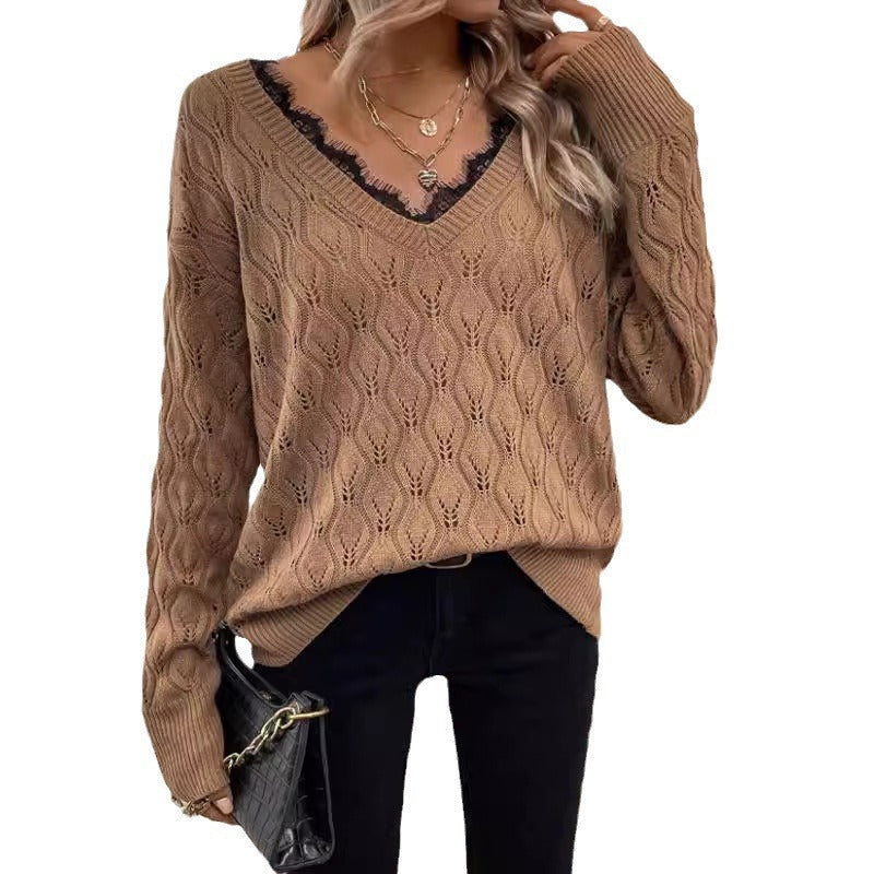 New Solid Color Pullover Long Sleeve Lace Edge Sweater For Women