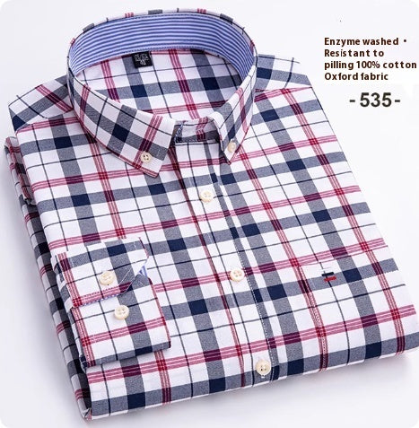 Men's Pure Cotton Oxford Plaid Long-sleeved Shirt