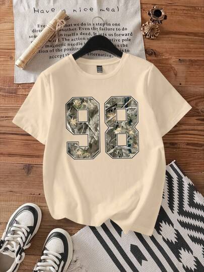 Round Neck Numbers Camouflage Top For Women