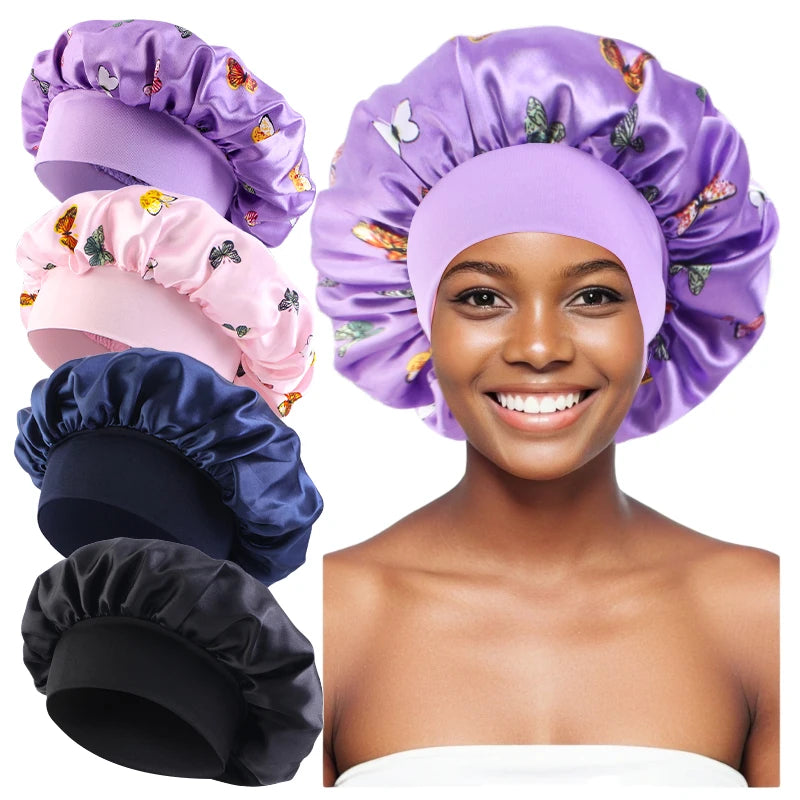 4PCS/LOT Satin Wide Brim Floral Nightcap Bonnet Hair Wrap Night Sleeping Sleep Cap Elastic Soft Band Hair Care Shower Hat