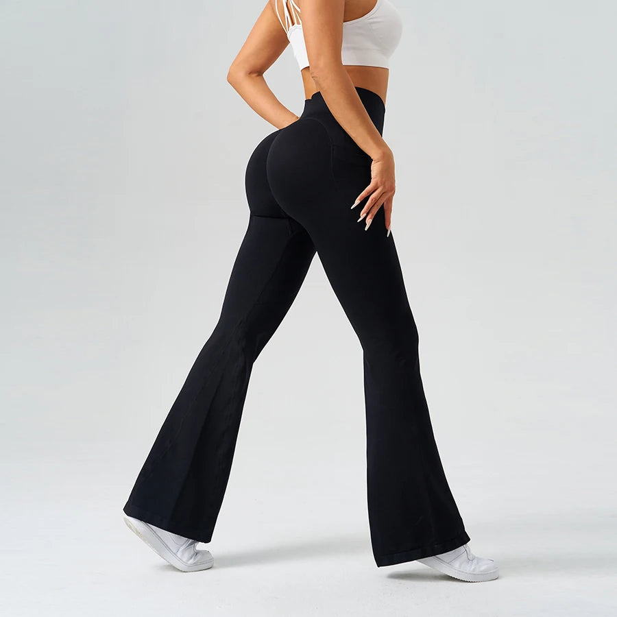 Flared Yoga Pants Women High Waist Bell Bottom Leggings Seamless Trousers w/Pockets Retro Gym Fitness Athleisure Wide Leg Pants