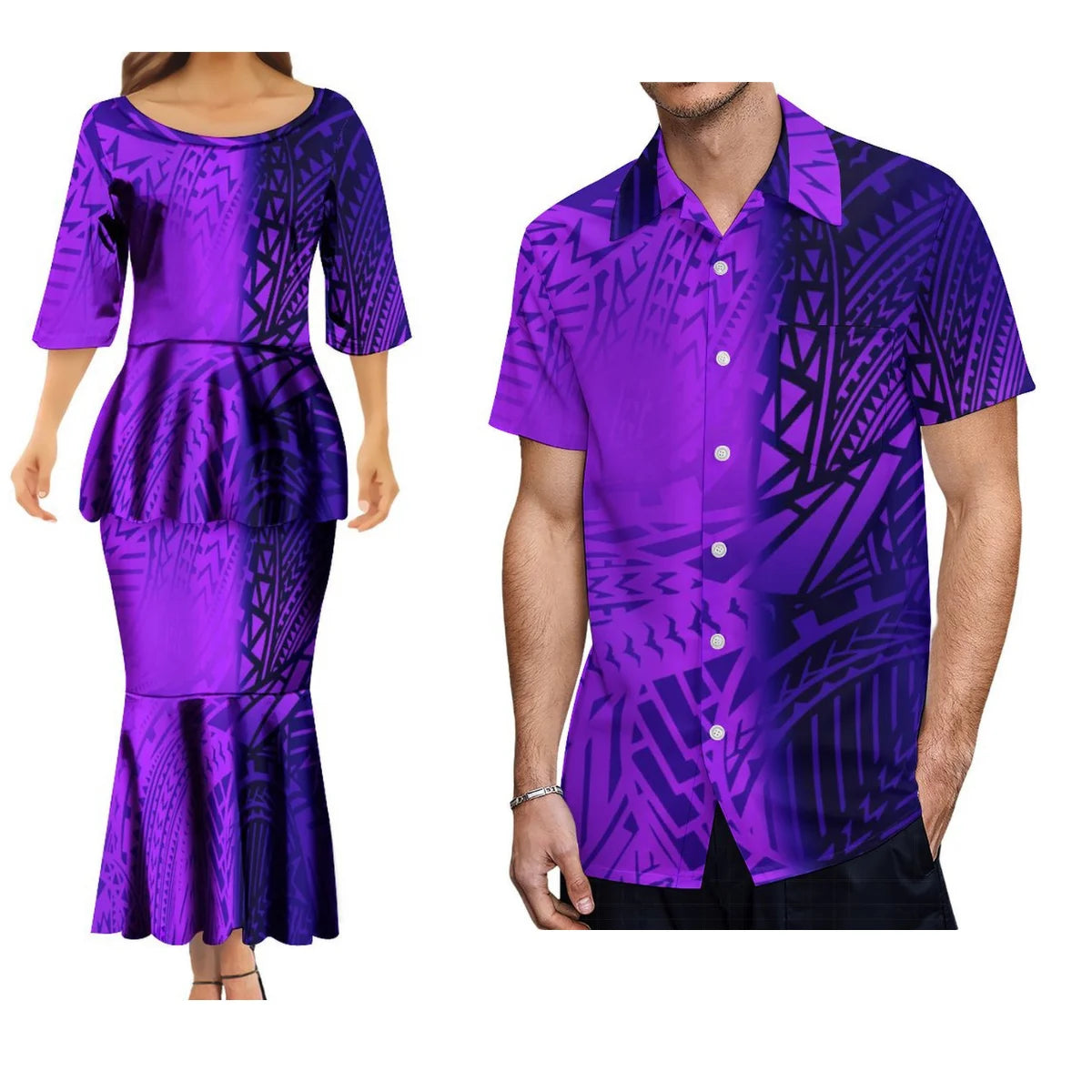 Polynesian Tribes Print Family Matching Clothing Couple Clothing Samoan Dress Puletasi Suit And Plus-Size Men'S Shirt