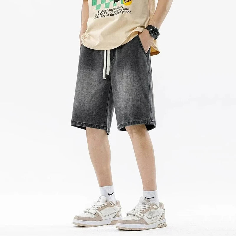 Men Casual Denim Shorts Male New Elastic Waist Straight Leg Comfortable Light Blue Soft Short Pants Baggy Wide Leg Jeans