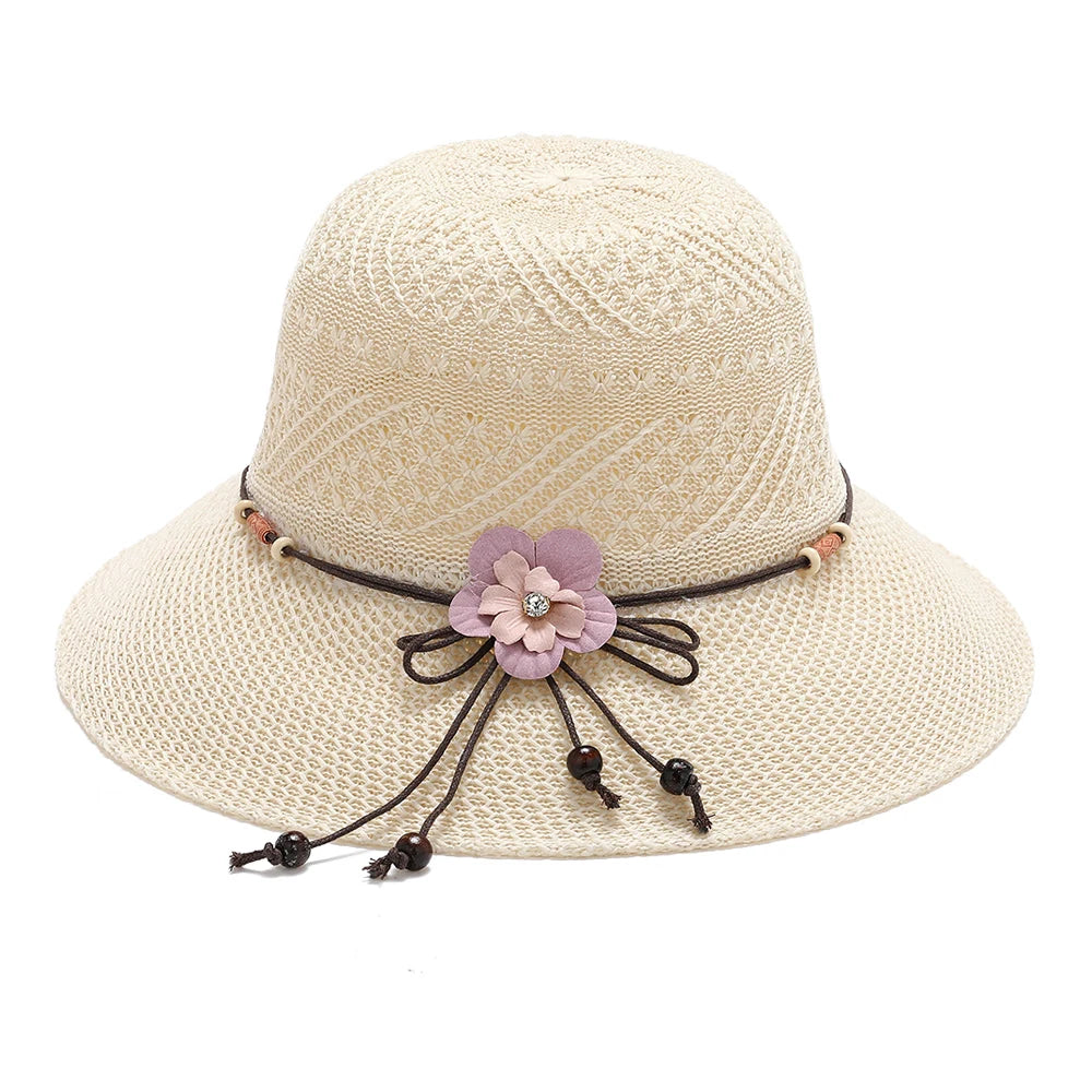 2024 Summer Women Bow Flowers Straw Hat Outdoor Sun Sunscreen Collapsible Beach Hat