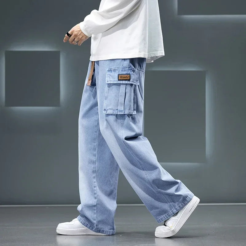 8XL Jeans New Wide Leg Washing Pants Men Trousers Neutral Solid Color Loose Casual Korean Fashion Pocket Plus Size Cargo Pant