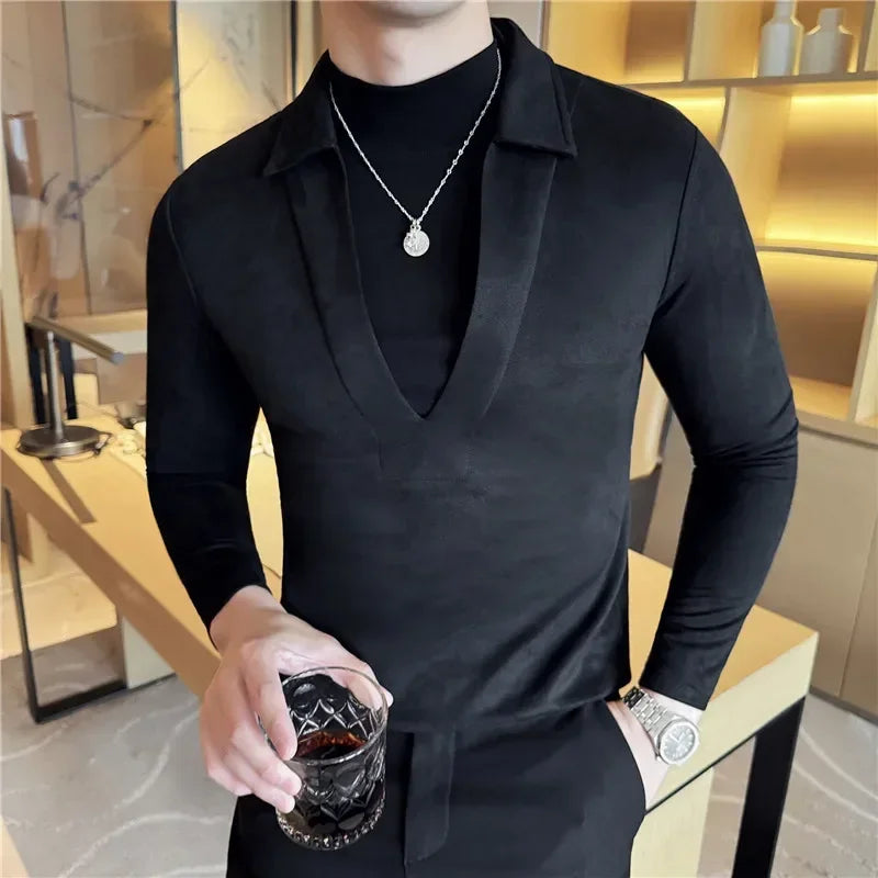 Men Fake Two-piece T-shirt Pullover 2024 British Style Autumn Winter Woolen Warm Thick Turtleneck T-shirt Fashion Men Clothing