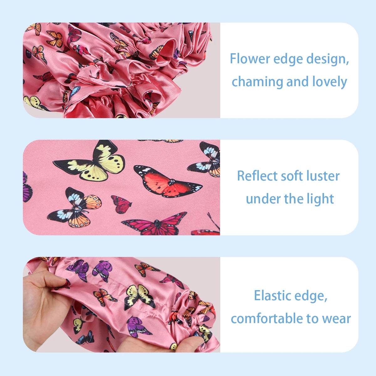 Pink Butterfly Double Layer Adjustable Satin Bonnet Cap Hair Protect Virgin Sleep Bonnet for Women And Girls
