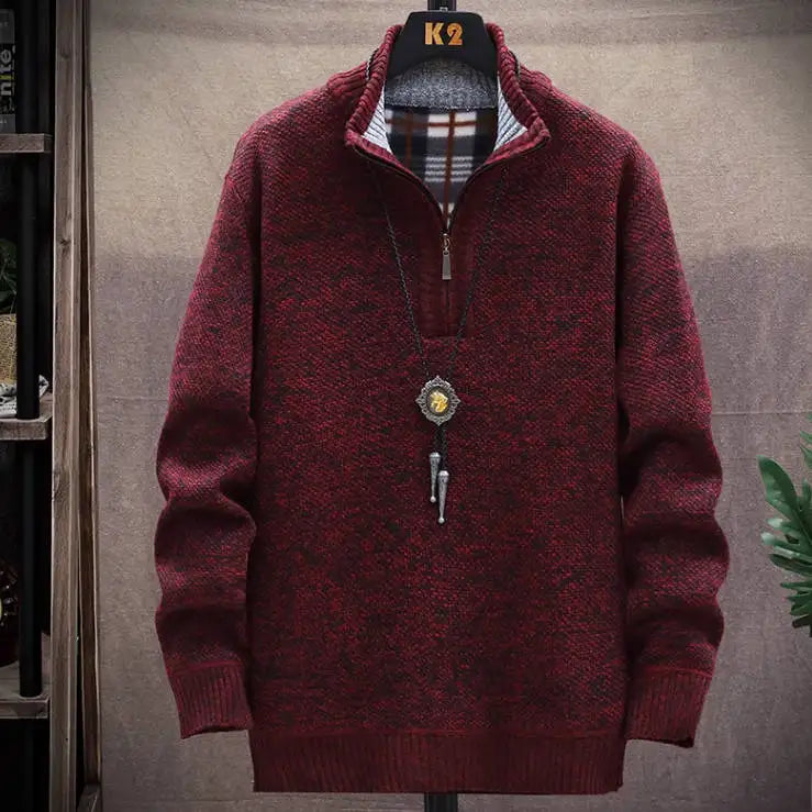 New Fleece Men's Large Size Half Turtleneck Sweater Men's Zipper Knit Sweater Slim Fit Casual Pullover Fall Winter Men