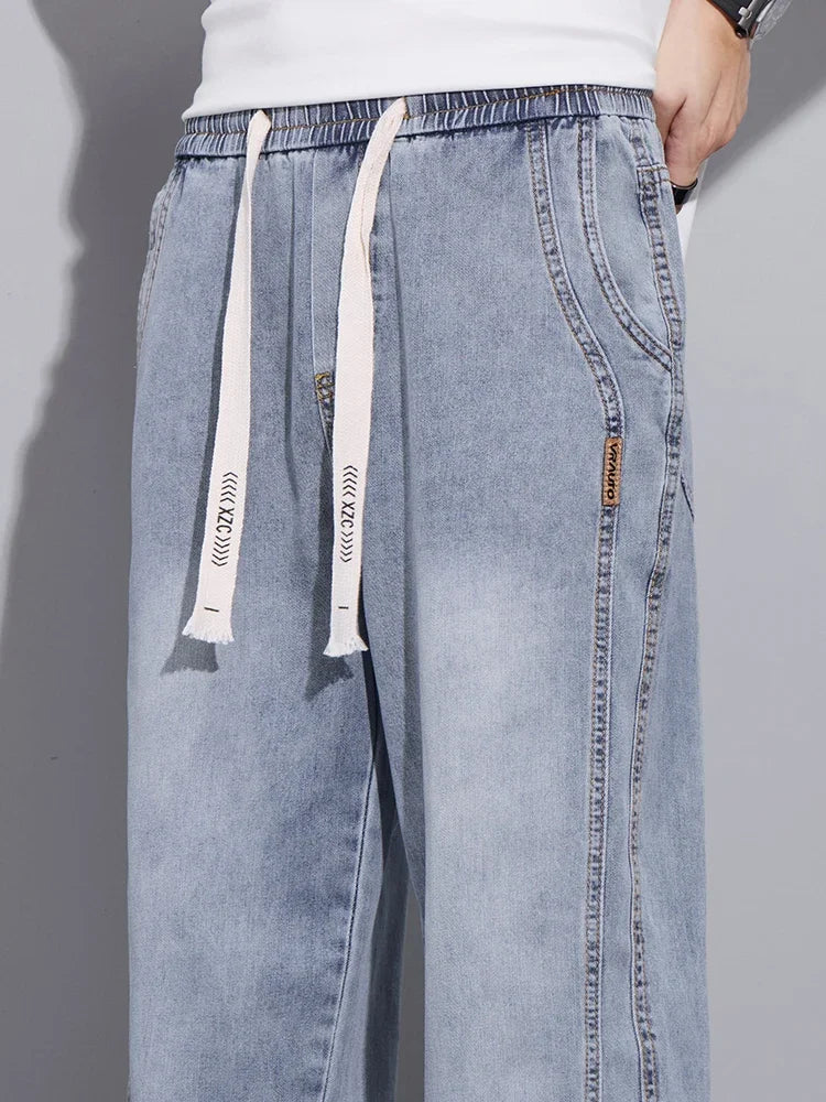 Pop Drawstring Summer Jeans Men's Lyocell Soft Quality Pants Stretch Waist Straight Casual Baggy Denim Trousers Streetwear