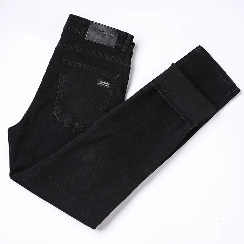 Men's Pure Black Jeans Version Trendy Straight Fit Pants Men's Comfortable Elastic Classic Business Jeans brand Denim Trousers