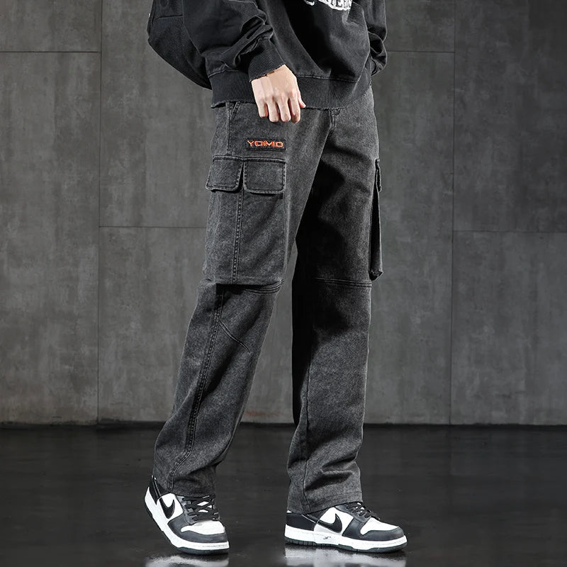 New Men's Loose Cargo Jeans Outdoor Paratrooper Straight Pants Fashionable Stretch Loose Wide Leg Pants Large Size 4XL 5XL