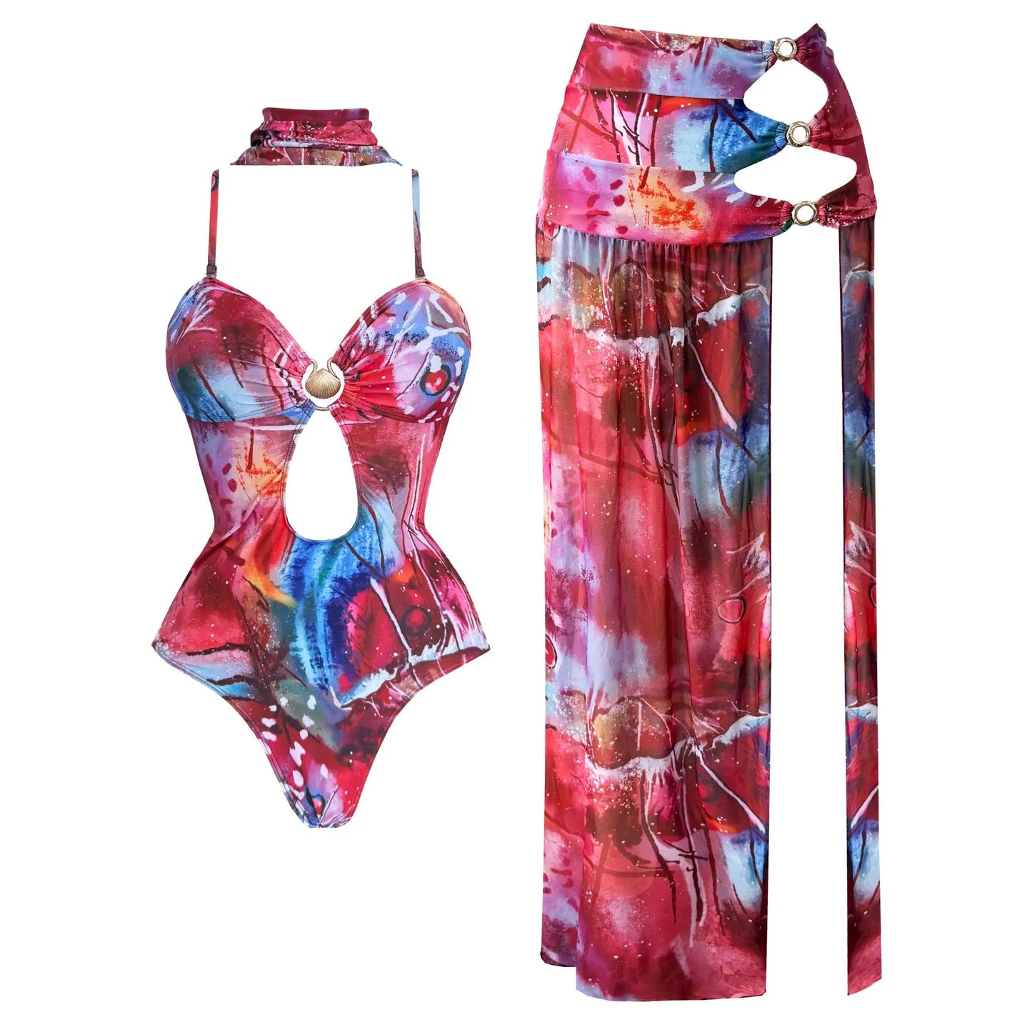 2025 New Flower Print 3Pc Sexy Bikini Set With Cover Up Swimsuit Women Swimwear Female One shoulder Bathing Suit Beachwear