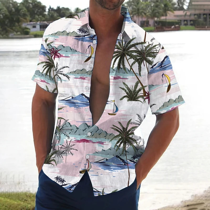 Retro Men's Shirt Coconut Tree Print Short Sleeve Shirts Beach Casual Man Clothing Loose Oversized Hawaiian Shirts For Men 2024