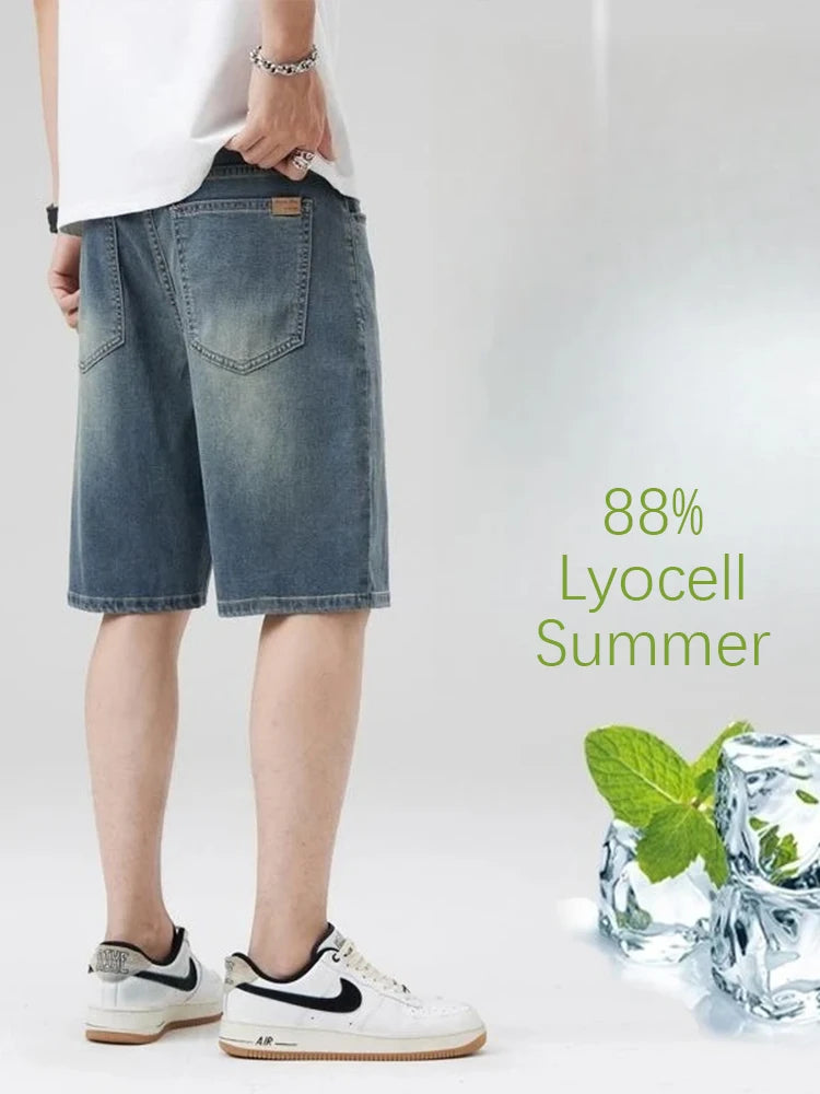 Ultrathin Fashion Straight Jeans Men Summer New Vintage Denim Pants Casual Loose Lyocell Fabric Male Personality Short Baggy