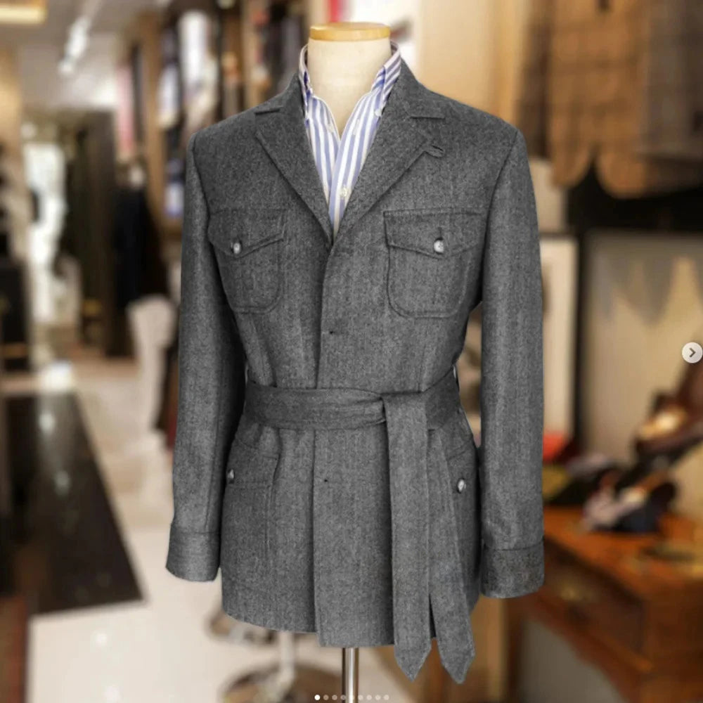 Only jacket 1 PCS Men Coat With Belt Vintage Tweed Hunting Casual Hunting Casual Men's Blazer Single Breasted Stylish