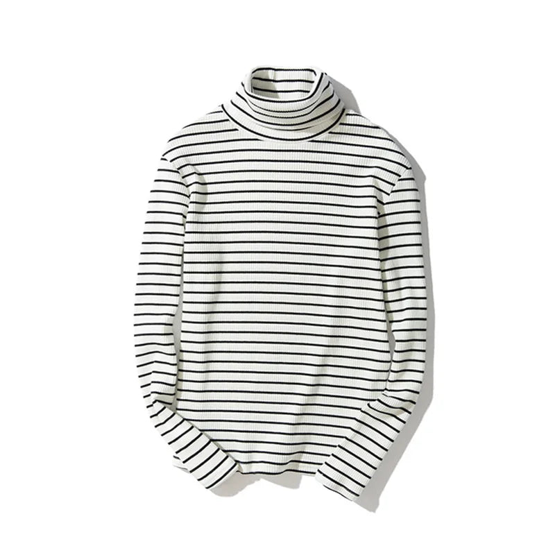 Spring Men's Retro Striped Turtleneck T-shirts Long Sleeve Loose Pullover T-shirt Base Tee Tops Man Clothing