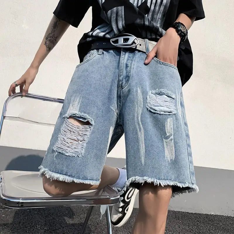 Tie-dye Furnished Denim Shorts Men's Ripped High Street Design Over-the-knee Five-point Pants