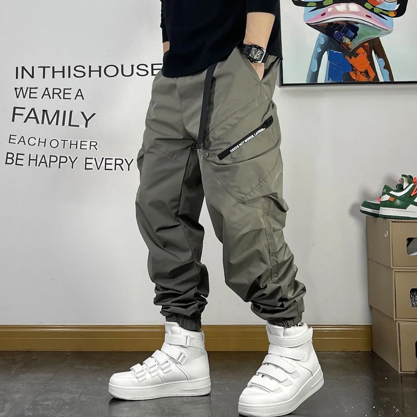 New Spring and Autumn Fashion Brand Spliced Waist Belt and Feet 9/4 Work Pants Loose and Versatile Handsome Youth Men's Pants