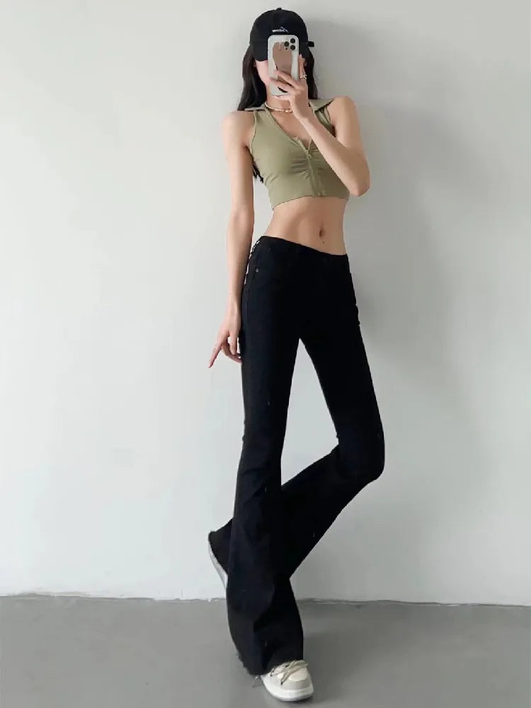 2022 Spring Autumn Sexy Low Waist Floor Length Burr Cuff Flare Jeans Women Vintage Stretch Denim Pants Streetwear Long Trousers