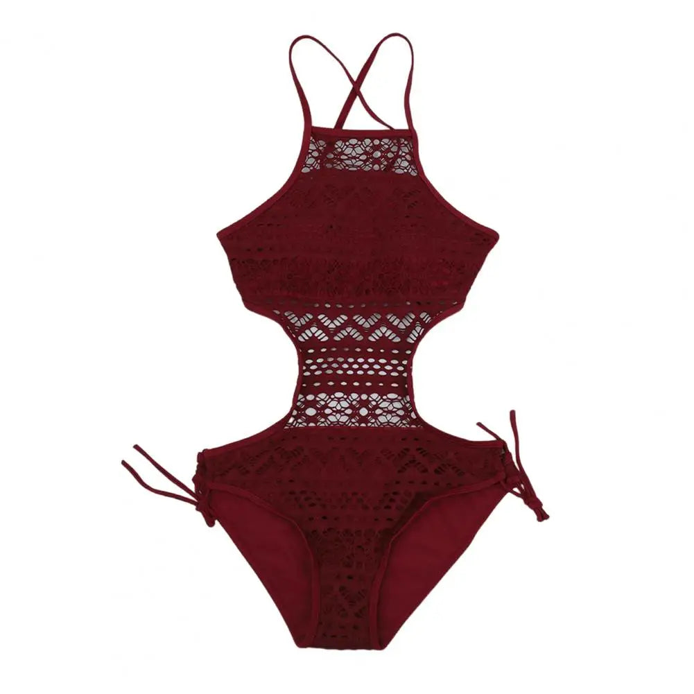 One-piece Swimsuit Halter Sleeveless Backless Monokini Slim Solid Color Criss-Cross Back Hollow Lace Bikini Vacation Swimwear