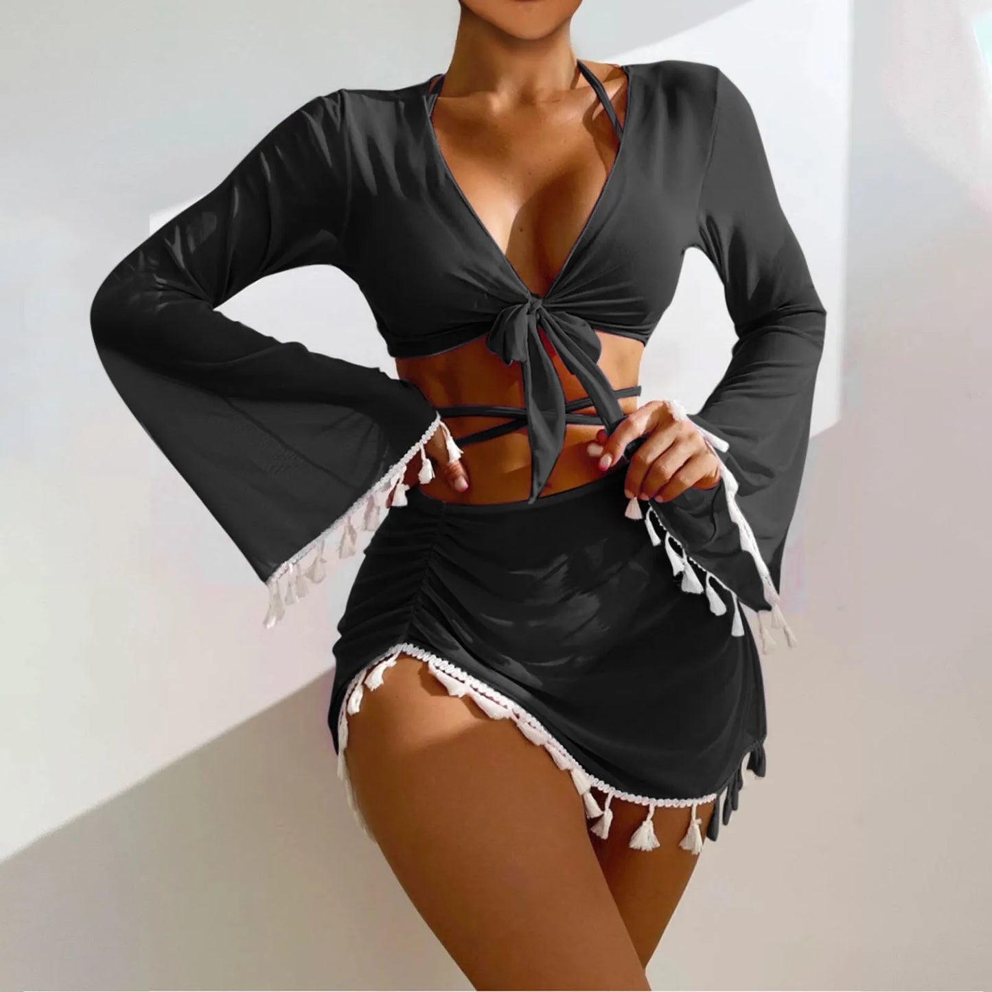 Solid Color Sexy Fashion Slim Fitting Beach Swimwear For Lady Split Lightweight Strap High Waist Pleated Cover-up Four-Piece Set