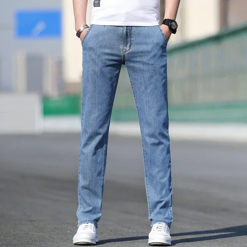 2025 Summer New Men's Loose Gray Jeans Fashion Casual Stretch Straight-leg Denim Pants Male Light Blue Men's Trousers