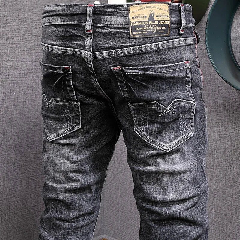 Italian Style Fashion Men Jeans Retro Black Gray Slim Fit Ripped Jean Men Stretch Trousers Vintage Designer Casual Denim Pants