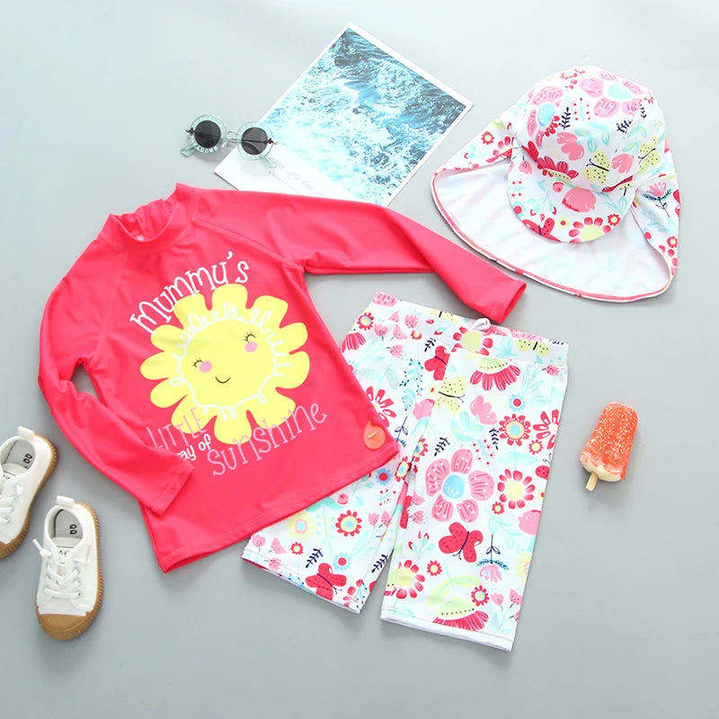 UPF50 Girls Swimwear Long Sleeves Floral Baby Swimsuit UV Protection Children's Swimming Suit Beach Summer Toddler Bathing Suit
