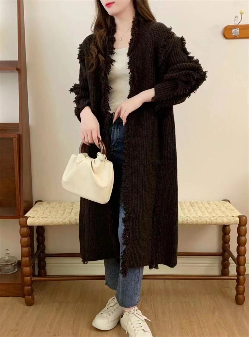 Retro Design Tassel Solid Color Sweater Coat